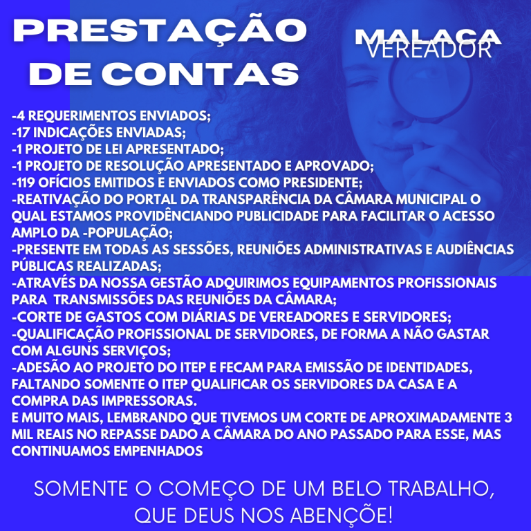 Presidente da Câmara Cícero Ângelo (Malaca) fez sua primeira prestação de contas enquanto ocupante da cadeira de Vereador Presidente.